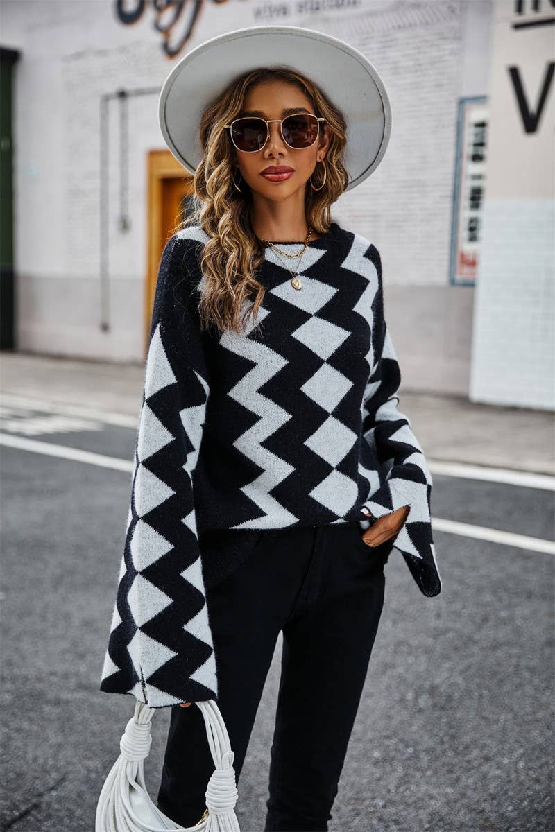 Black and White Geometric Crew Neck Sweater