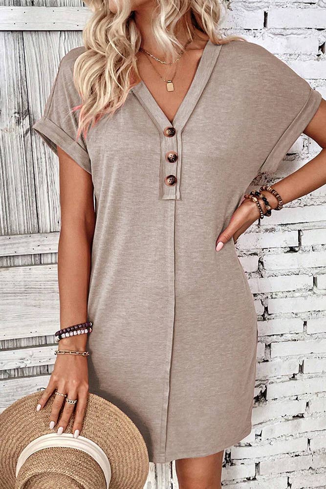 Plain V Neck Buttoned Exposed Seam T-Shirt Dress