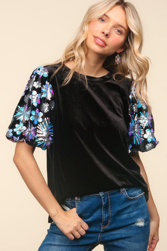 Velvet Snowflake Sequin Short Sleeve Top