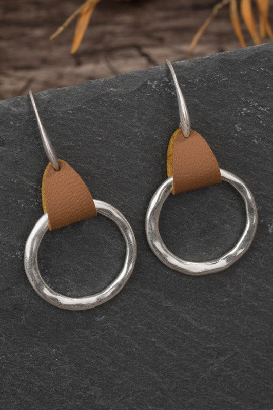 Hammered Circle Earrings with Leather Accent