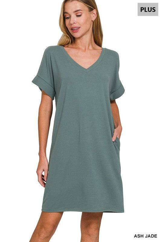 Brushed DTY Rolled Short Sleeve V-Neck Dress