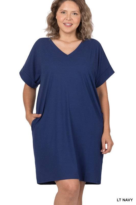 Woven Airflow V Neck T Shirt Dress with Pockets