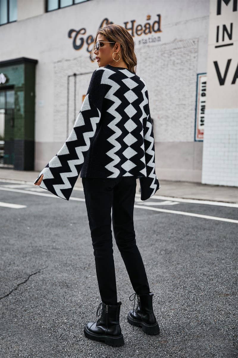 Black and White Geometric Crew Neck Sweater