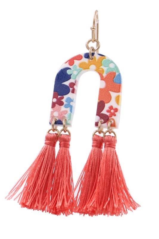 Acrylic Crescent Floral Tassel Drop Earrings