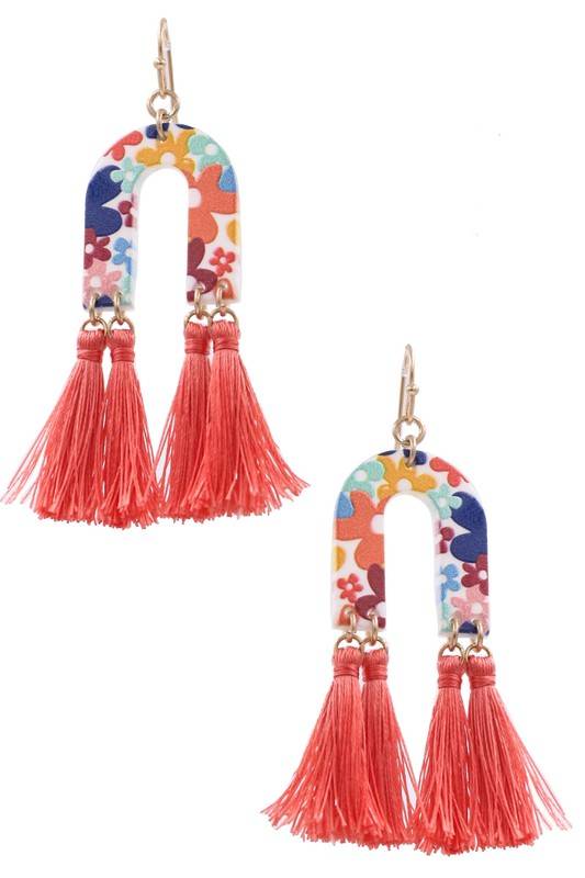 Acrylic Crescent Floral Tassel Drop Earrings