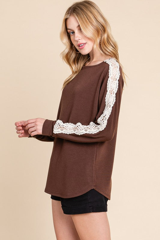 Solid French Terry Top with Lace Patch