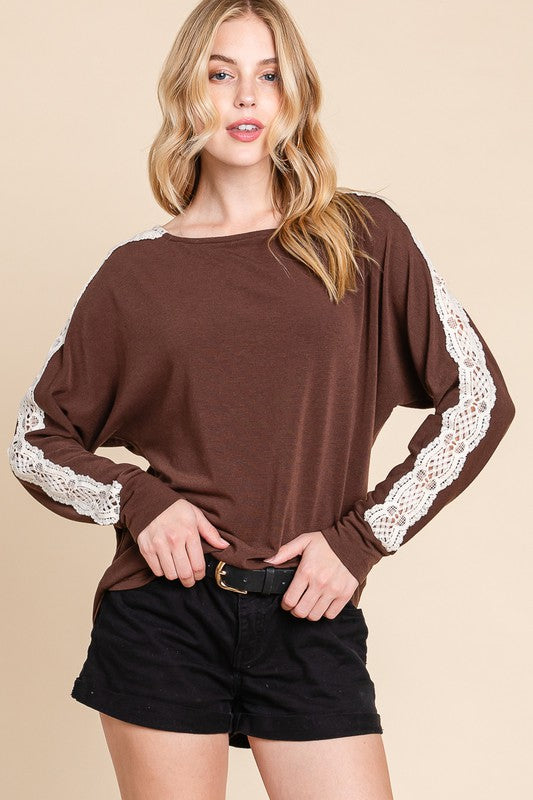 Solid French Terry Top with Lace Patch