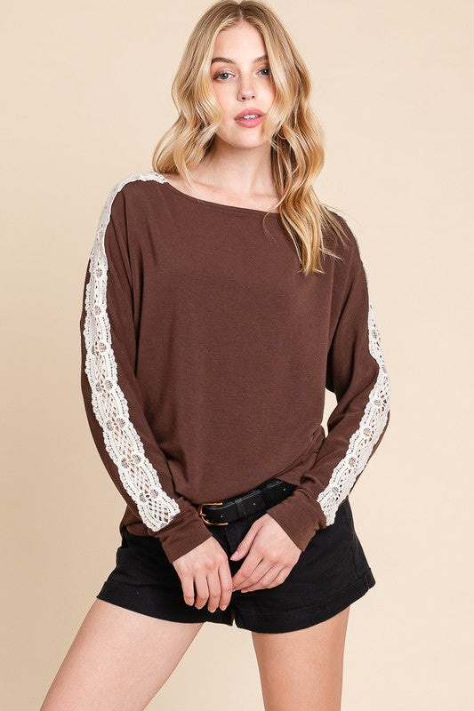 Solid French Terry Top with Lace Patch