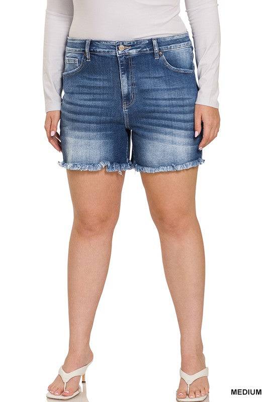 Mid Rise Raw Frayed Hem Denim Shorts