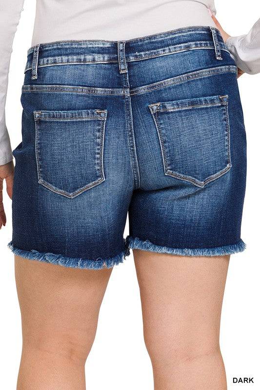 Mid Rise Raw Frayed Hem Denim Shorts