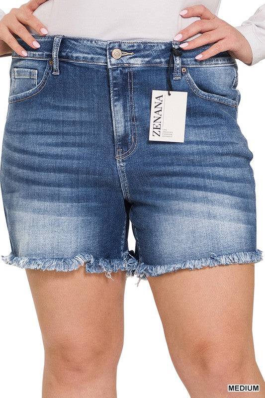 Mid Rise Raw Frayed Hem Denim Shorts