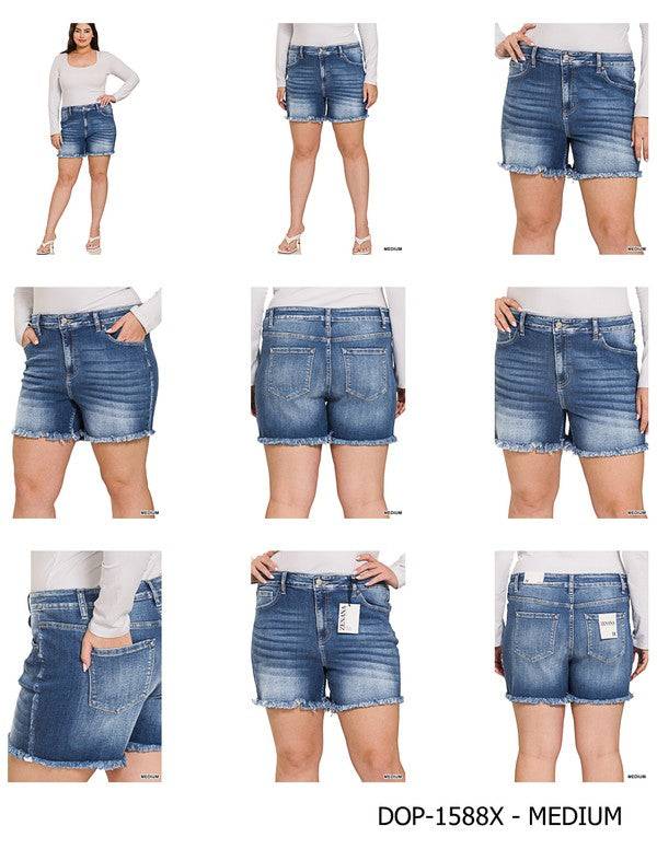 Mid Rise Raw Frayed Hem Denim Shorts