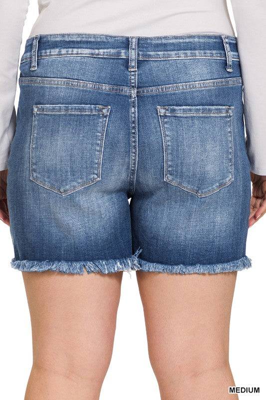 Mid Rise Raw Frayed Hem Denim Shorts