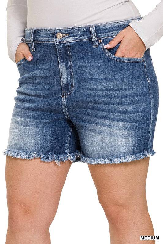 Mid Rise Raw Frayed Hem Denim Shorts