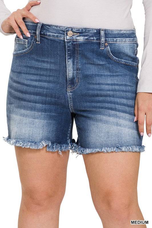 Mid Rise Raw Frayed Hem Denim Shorts