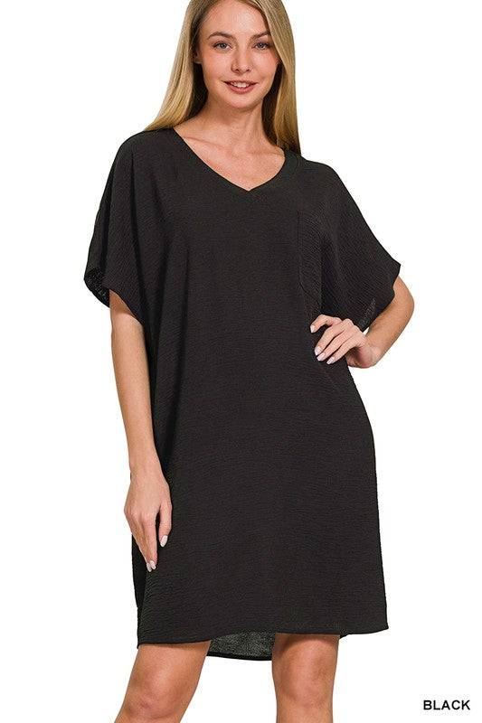 Woven Airflow V Neck T Shirt Dress with Pockets