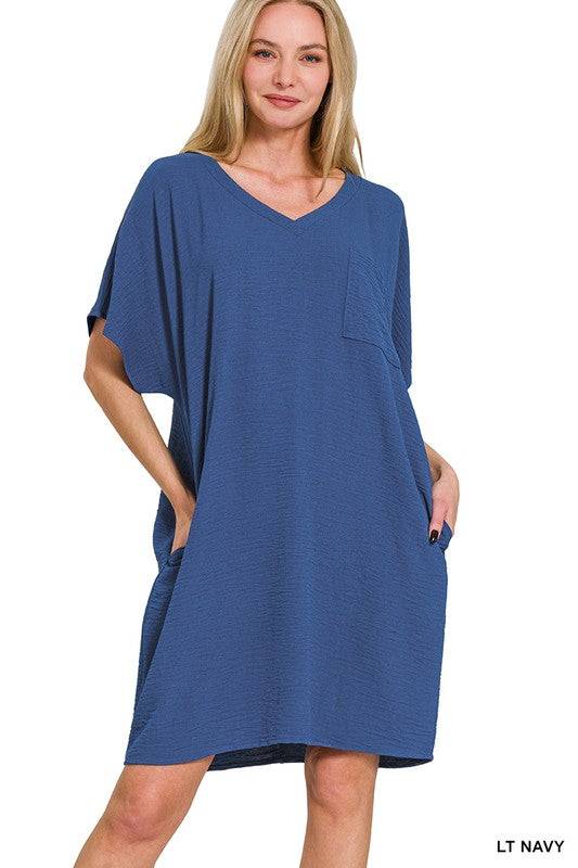 Woven Airflow V Neck T Shirt Dress with Pockets