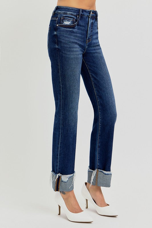 Risen Tummy Control High Rise Crop Straight Cuffed Jeans