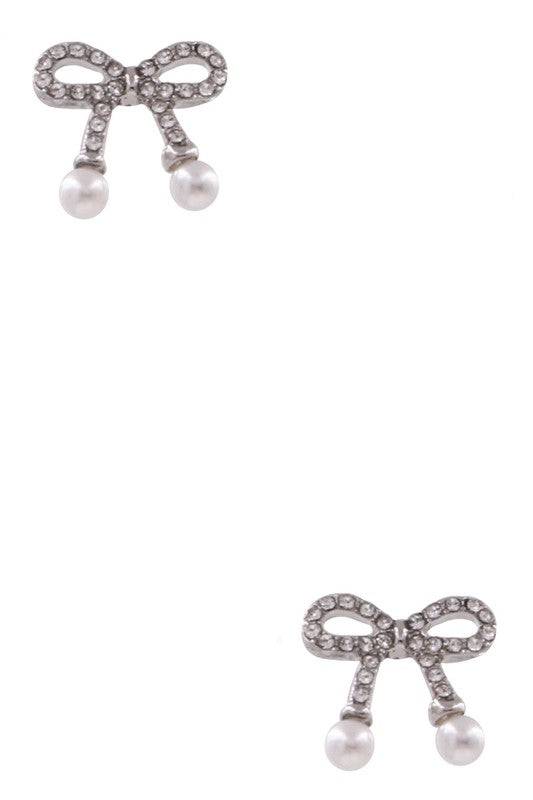 Metal Rhinestone Cream Pearl Bow Tie Earrings