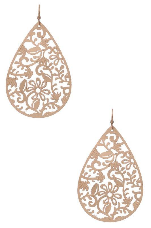 Brass Metal Flower Filigree Teardrop Earrings