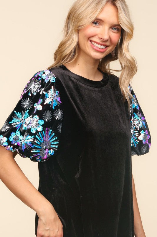 Velvet Snowflake Sequin Short Sleeve Top