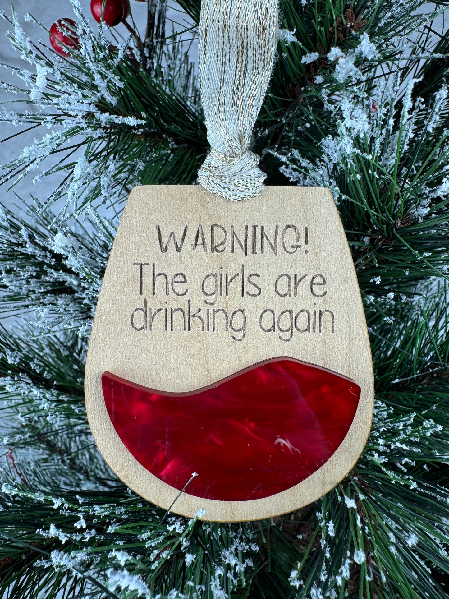 Wooden ornament with 'Warning! The girls are drinking again'