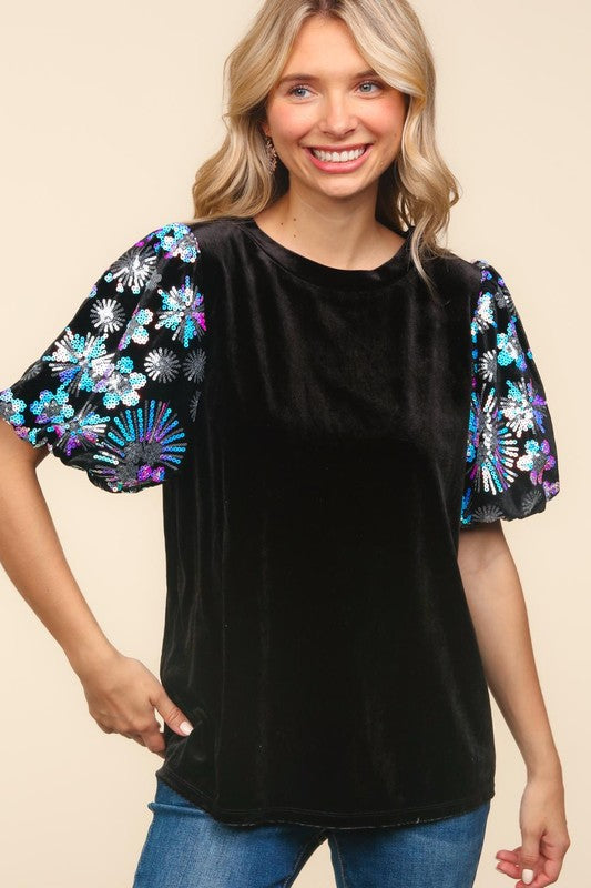 Velvet Snowflake Sequin Short Sleeve Top