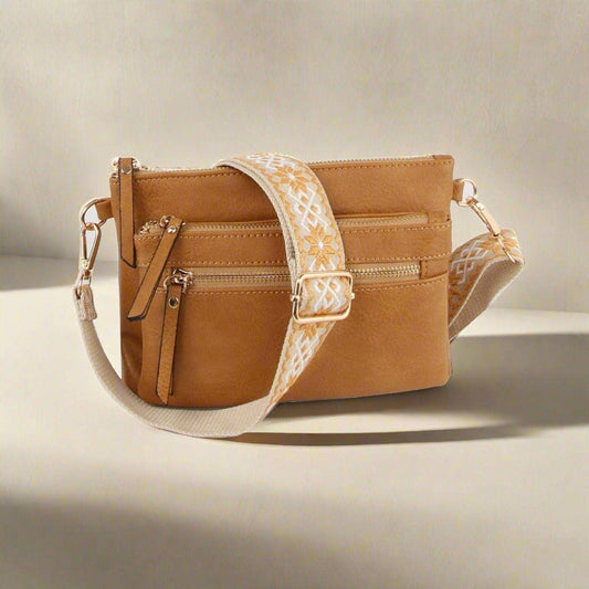 Multi Zip Pocket Crossbody Bag With Guitar Strap