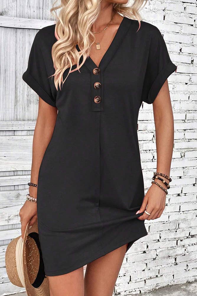 Plain V Neck Buttoned Exposed Seam T-Shirt Dress