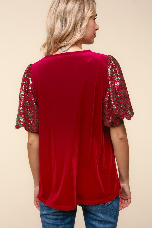 Velvet Sequin Bubble Sleeve Top