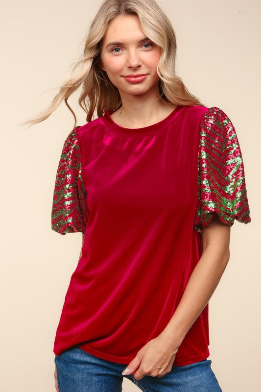 Velvet Sequin Bubble Sleeve Top