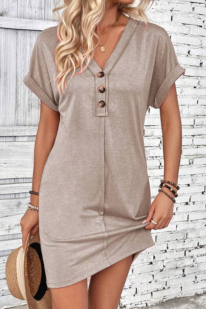 Plain V Neck Buttoned Exposed Seam T-Shirt Dress