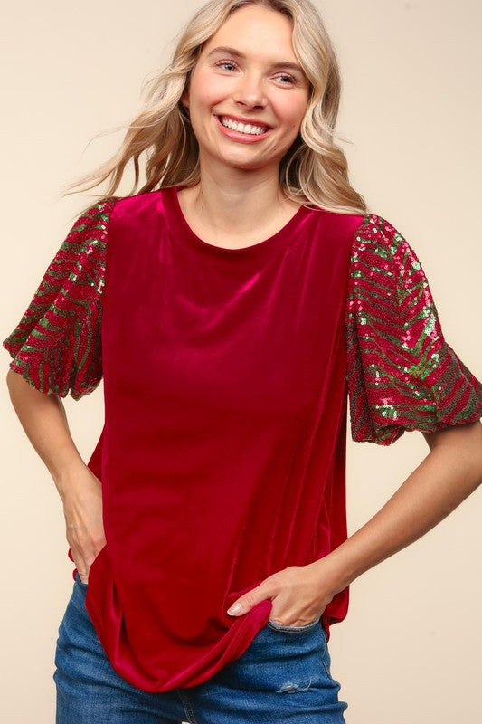 Velvet Sequin Bubble Sleeve Top