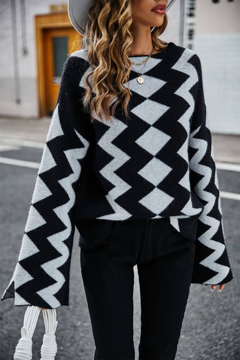 Black and White Geometric Crew Neck Sweater