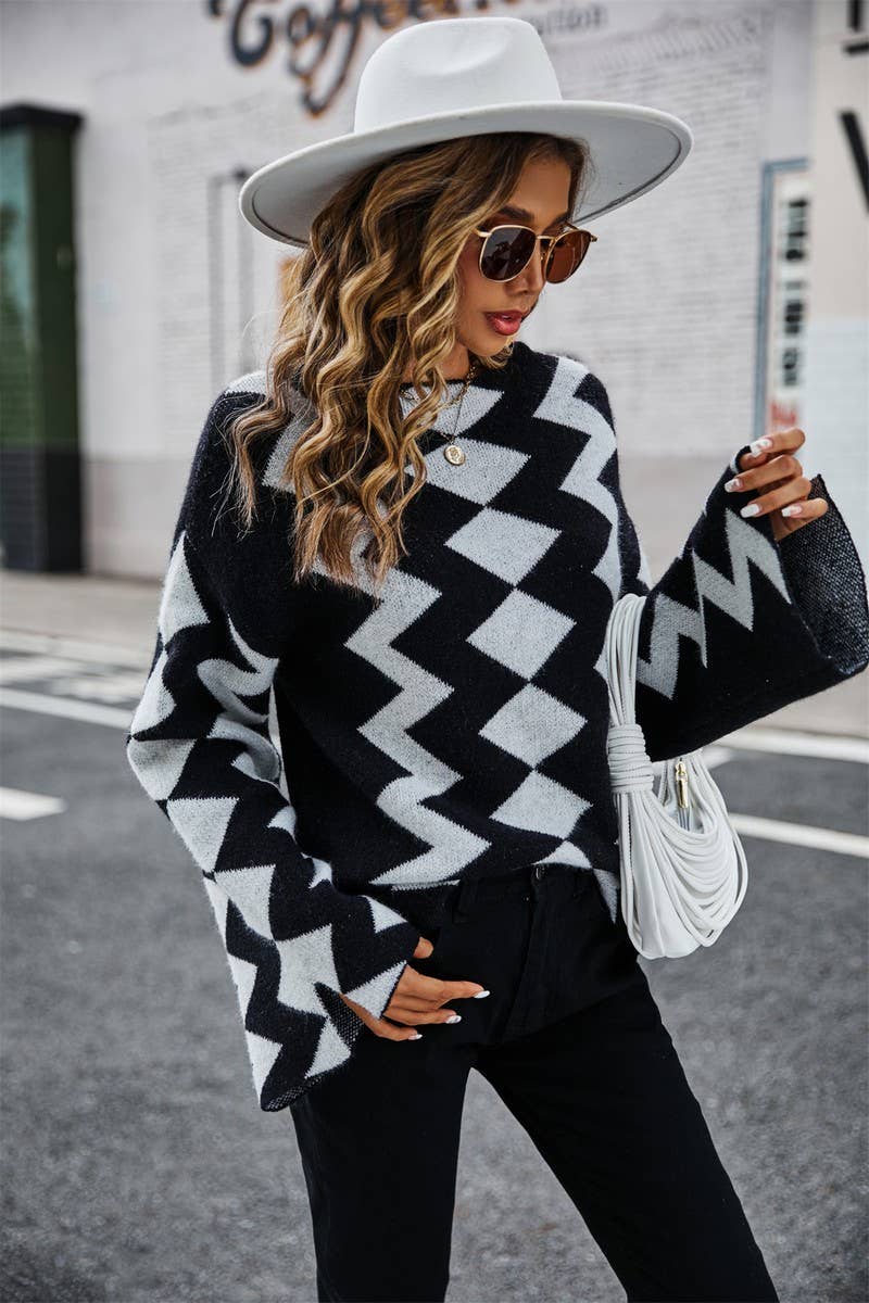 Black and White Geometric Crew Neck Sweater