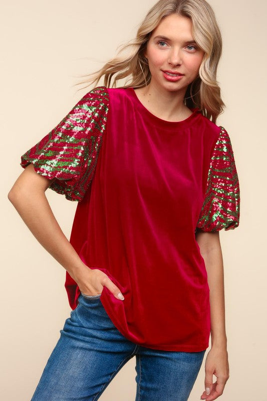 Velvet Sequin Bubble Sleeve Top