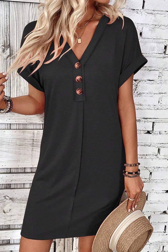 Plain V Neck Buttoned Exposed Seam T-Shirt Dress