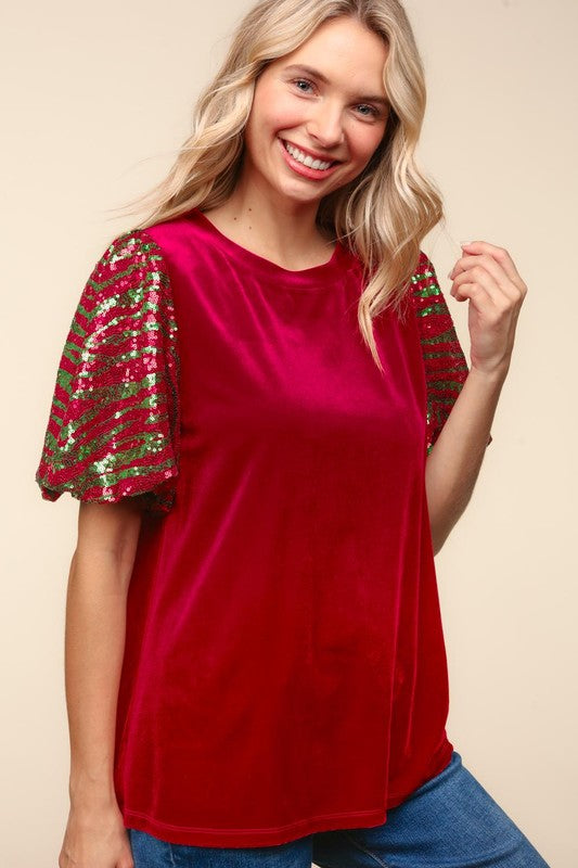 Velvet Sequin Bubble Sleeve Top