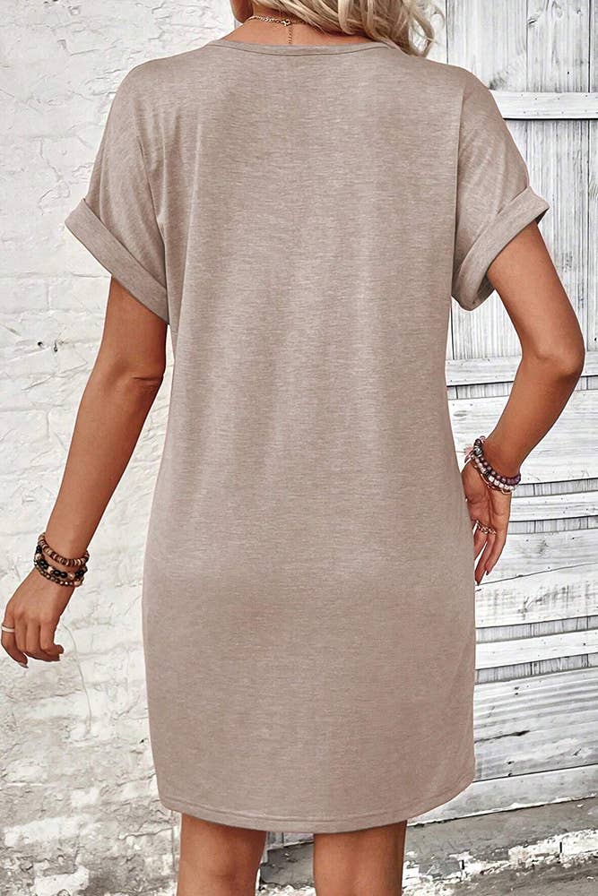 Plain V Neck Buttoned Exposed Seam T-Shirt Dress