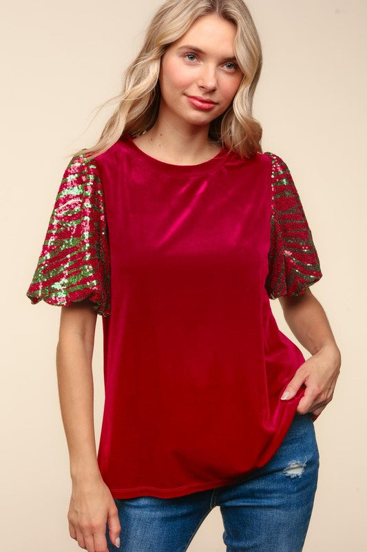 Velvet Sequin Bubble Sleeve Top