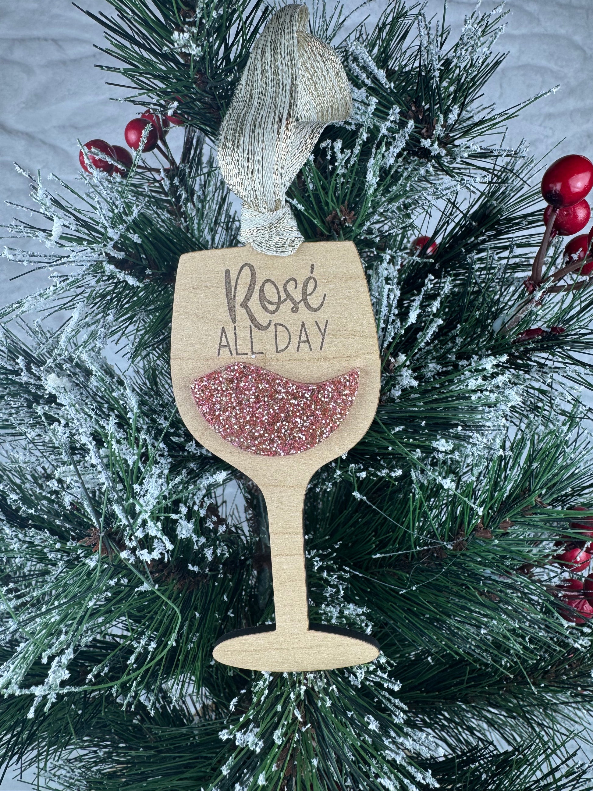 Rosé wine glass ornament with 'Rosé All Day'