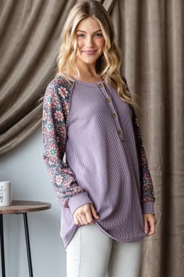 Puff Sleeve Solid Urban Ribbed Floral Top