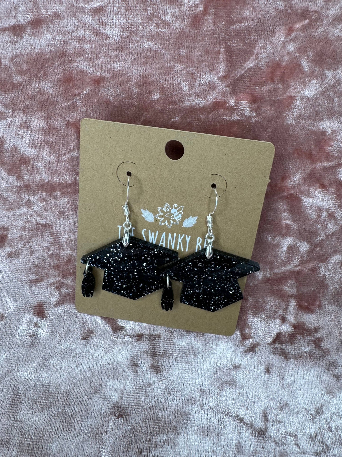 Black Glitter Graduation Cap Earrings