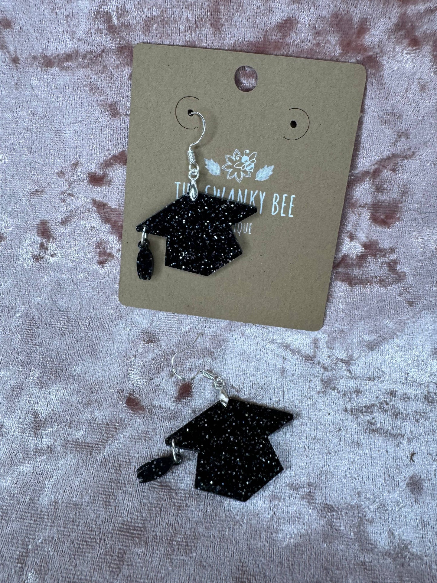 Black Glitter Graduation Cap Earrings