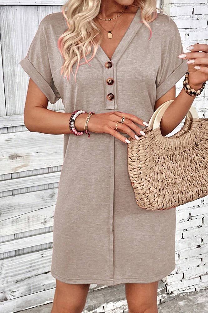 Plain V Neck Buttoned Exposed Seam T-Shirt Dress