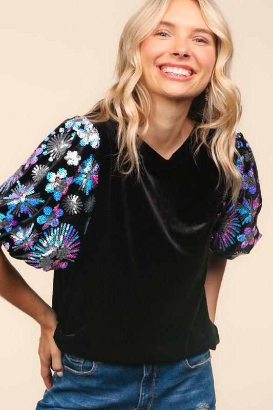 Velvet Snowflake Sequin Short Sleeve Top