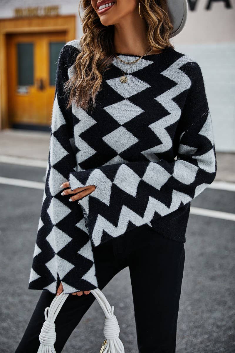 Black and White Geometric Crew Neck Sweater