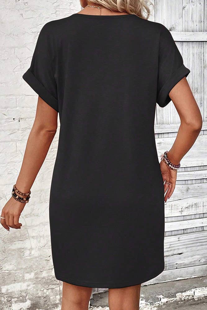 Plain V Neck Buttoned Exposed Seam T-Shirt Dress